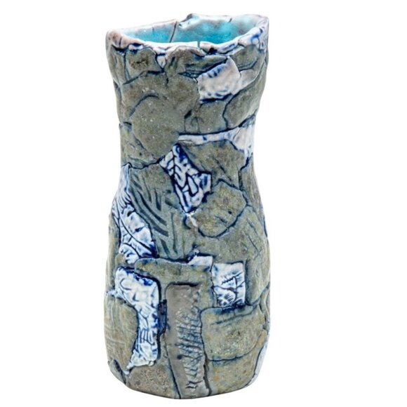 Handcrafted Patchwork Stoneware Vase Blue Grey Glaze Textured Handthrown Pottery - Picture 2 of 4